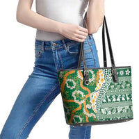 Hawaiian Plumeria Lei Leather Tote Bag Kakau Motifs and Palaka Half Style Green Color - Polynesian Pride