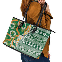 Hawaiian Plumeria Lei Leather Tote Bag Kakau Motifs and Palaka Half Style Green Color - Polynesian Pride