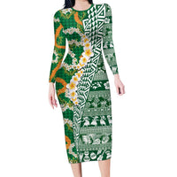 Hawaiian Plumeria Lei Long Sleeve Bodycon Dress Kakau Motifs and Palaka Half Style Green Color - Polynesian Pride