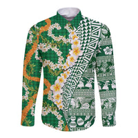 Hawaiian Plumeria Lei Long Sleeve Button Shirt Kakau Motifs and Palaka Half Style Green Color - Polynesian Pride