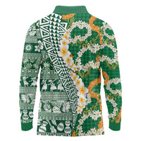 Hawaiian Plumeria Lei Long Sleeve Polo Shirt Kakau Motifs and Palaka Half Style Green Color - Polynesian Pride