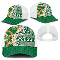 Hawaiian Plumeria Lei Mesh Trucker Cap Kakau Motifs and Palaka Half Style Green Color - Polynesian Pride