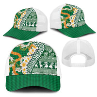 Hawaiian Plumeria Lei Mesh Trucker Cap Kakau Motifs and Palaka Half Style Green Color - Polynesian Pride