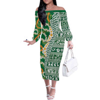 Hawaiian Plumeria Lei Off The Shoulder Long Sleeve Dress Kakau Motifs and Palaka Half Style Green Color - Polynesian Pride