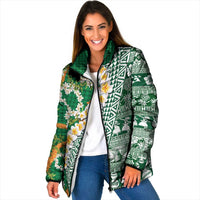 Hawaiian Plumeria Lei Padded Jacket Kakau Motifs and Palaka Half Style Green Color - Polynesian Pride
