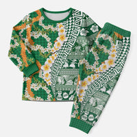 Hawaiian Plumeria Lei Christmas Pajama Set Kakau Motifs and Palaka Half Style Green Color - Polynesian Pride