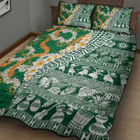 Hawaiian Plumeria Lei Quilt Bed Set Kakau Motifs and Palaka Half Style Green Color - Polynesian Pride