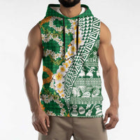 Hawaiian Plumeria Lei Sleeveless Hoodie Kakau Motifs and Palaka Half Style Green Color - Polynesian Pride
