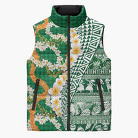 Hawaiian Plumeria Lei Sleeveless Puffer Jacket Kakau Motifs and Palaka Half Style Green Color - Polynesian Pride