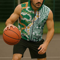 Hawaiian Plumeria Lei Sleeveless Zip Hoodie Kakau Motifs and Palaka Half Style Green Color - Polynesian Pride