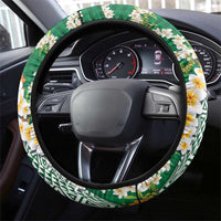 Hawaiian Plumeria Lei Steering Wheel Cover Kakau Motifs and Palaka Half Style Green Color - Polynesian Pride