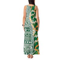 Hawaiian Plumeria Lei Tank Maxi Dress Kakau Motifs and Palaka Half Style Green Color - Polynesian Pride