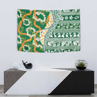 Hawaiian Plumeria Lei Tapestry Kakau Motifs and Palaka Half Style Green Color - Polynesian Pride