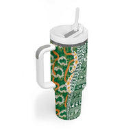 Hawaiian Plumeria Lei Tumbler With Handle Kakau Motifs and Palaka Half Style Green Color - Polynesian Pride