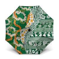 Hawaiian Plumeria Lei Umbrella Kakau Motifs and Palaka Half Style Green Color - Polynesian Pride