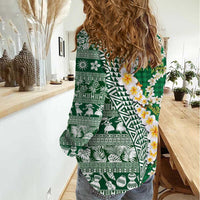 Hawaiian Plumeria Lei Women Casual Shirt Kakau Motifs and Palaka Half Style Green Color - Polynesian Pride