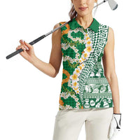 Hawaiian Plumeria Lei Women Sleeveless Polo Shirt Kakau Motifs and Palaka Half Style Green Color - Polynesian Pride