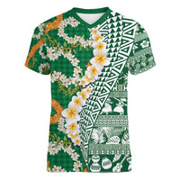 Hawaiian Plumeria Lei Women V-Neck T-Shirt Kakau Motifs and Palaka Half Style Green Color - Polynesian Pride