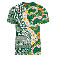 Hawaiian Plumeria Lei Women V-Neck T-Shirt Kakau Motifs and Palaka Half Style Green Color - Polynesian Pride