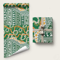 Hawaiian Plumeria Lei Wrapping Paper Kakau Motifs and Palaka Half Style Green Color - Polynesian Pride