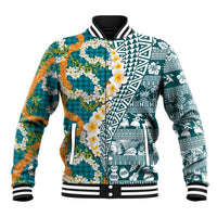 Hawaiian Plumeria Lei Baseball Jacket Kakau Motifs and Palaka Half Style Turquoise Color - Polynesian Pride
