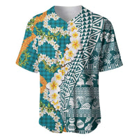 Hawaiian Plumeria Lei Baseball Jersey Kakau Motifs and Palaka Half Style Turquoise Color - Polynesian Pride