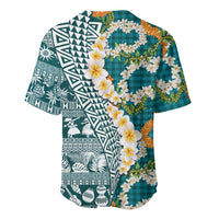 Hawaiian Plumeria Lei Baseball Jersey Kakau Motifs and Palaka Half Style Turquoise Color - Polynesian Pride
