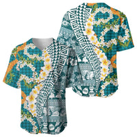 Hawaiian Plumeria Lei Baseball Jersey Kakau Motifs and Palaka Half Style Turquoise Color - Polynesian Pride