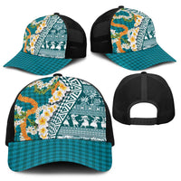 Hawaiian Plumeria Lei Baseball Net Cap Kakau Motifs and Palaka Half Style Turquoise Color - Polynesian Pride