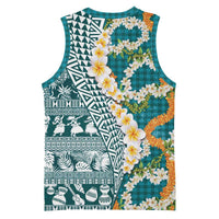 Hawaiian Plumeria Lei Basketball Jersey Kakau Motifs and Palaka Half Style Turquoise Color - Polynesian Pride