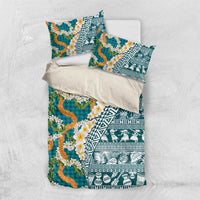 Hawaiian Plumeria Lei Bedding Set Kakau Motifs and Palaka Half Style Turquoise Color LT03 US Twin 172cm x 218cm Turquoise - Polynesian Pride