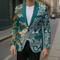 Hawaiian Plumeria Lei Blazer Kakau Motifs and Palaka Half Style Turquoise Color - Polynesian Pride