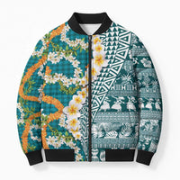 Hawaiian Plumeria Lei Bomber Puffer Jacket Kakau Motifs and Palaka Half Style Turquoise Color - Polynesian Pride