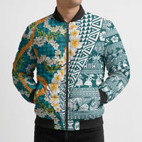 Hawaiian Plumeria Lei Bomber Puffer Jacket Kakau Motifs and Palaka Half Style Turquoise Color - Polynesian Pride
