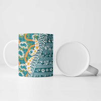 Hawaiian Plumeria Lei Ceramic Mug Kakau Motifs and Palaka Half Style Turquoise Color - Polynesian Pride