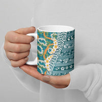 Hawaiian Plumeria Lei Ceramic Mug Kakau Motifs and Palaka Half Style Turquoise Color - Polynesian Pride