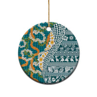 Hawaiian Plumeria Lei Ceramic Ornament Kakau Motifs and Palaka Half Style Turquoise Color - Polynesian Pride