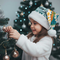 Hawaiian Plumeria Lei Christmas Santa Hat Kakau Motifs and Palaka Half Style Turquoise Color - Polynesian Pride