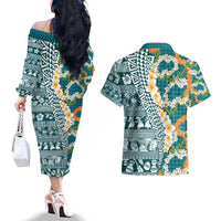 Hawaiian Plumeria Lei Couples Matching Off The Shoulder Long Sleeve Dress and Hawaiian Shirt Kakau Motifs and Palaka Half Style Turquoise Color - Polynesian Pride