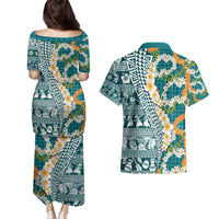 Hawaiian Plumeria Lei Couples Matching Puletasi and Hawaiian Shirt Kakau Motifs and Palaka Half Style Turquoise Color - Polynesian Pride