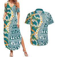 Hawaiian Plumeria Lei Couples Matching Summer Maxi Dress and Hawaiian Shirt Kakau Motifs and Palaka Half Style Turquoise Color - Polynesian Pride