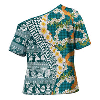 Hawaiian Plumeria Lei Cross Shoulder Shirt Kakau Motifs and Palaka Half Style Turquoise Color - Polynesian Pride