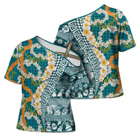 Hawaiian Plumeria Lei Cross Shoulder Shirt Kakau Motifs and Palaka Half Style Turquoise Color - Polynesian Pride