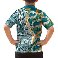 Hawaiian Plumeria Lei Family Matching Long Sleeve Bodycon Dress and Hawaiian Shirt Kakau Motifs and Palaka Half Style Turquoise Color LT03 - Polynesian Pride