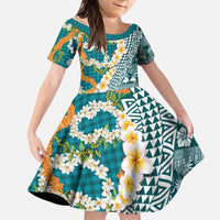 Hawaiian Plumeria Lei Family Matching Long Sleeve Bodycon Dress and Hawaiian Shirt Kakau Motifs and Palaka Half Style Turquoise Color LT03 Daughter's Dress Turquoise - Polynesian Pride