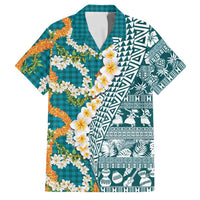 Hawaiian Plumeria Lei Family Matching Off The Shoulder Long Sleeve Dress and Hawaiian Shirt Kakau Motifs and Palaka Half Style Turquoise Color LT03 Dad's Shirt - Short Sleeve Turquoise - Polynesian Pride