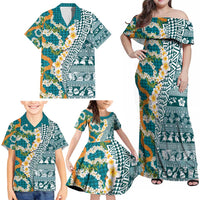 Hawaiian Plumeria Lei Family Matching Off Shoulder Maxi Dress and Hawaiian Shirt Kakau Motifs and Palaka Half Style Turquoise Color - Polynesian Pride