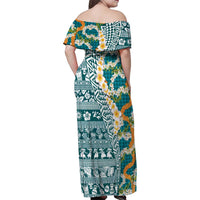 Hawaiian Plumeria Lei Family Matching Off Shoulder Maxi Dress and Hawaiian Shirt Kakau Motifs and Palaka Half Style Turquoise Color - Polynesian Pride
