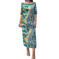 Hawaiian Plumeria Lei Family Matching Puletasi and Hawaiian Shirt Kakau Motifs and Palaka Half Style Turquoise Color - Polynesian Pride