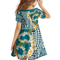 Hawaiian Plumeria Lei Family Matching Short Sleeve Bodycon Dress and Hawaiian Shirt Kakau Motifs and Palaka Half Style Turquoise Color - Polynesian Pride